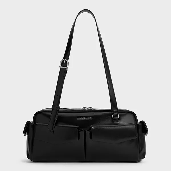 Túi Đeo Vai Nữ Charles & Keith CNK Rachel Elongated Multi-Pocket Shoulder Bag CK2-20160187 Noir Màu Đen