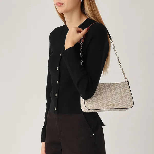Túi Đeo Vai Nữ Michael Kors MK Empire Medium Chain Link Pochette Vanilla/Luggage 32H3G8EW6B Màu Trắng Họa Tiết