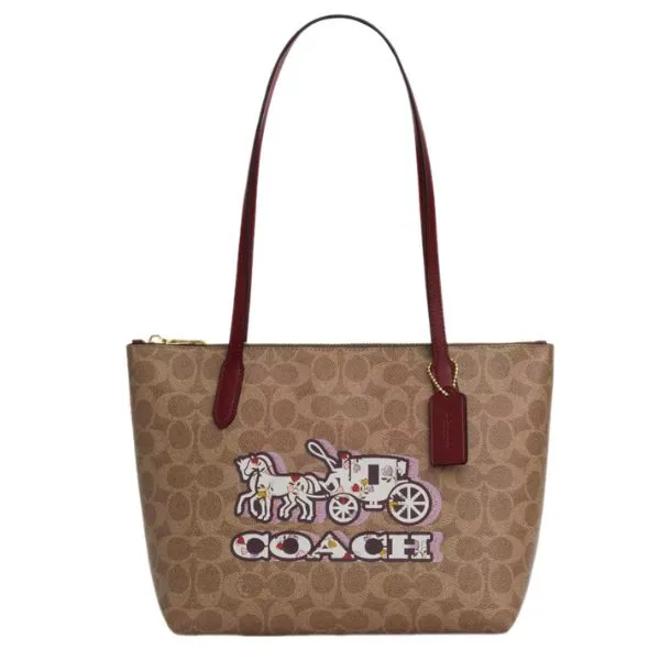 Túi Tote Nữ Coach Fiona Zip In Signature Canvas With Horse And Carriage Print Tote Bag CX587 Màu Nâu - Túi xách - Vua Hàng Hiệu