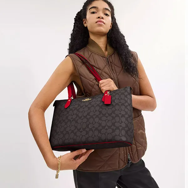 Túi Tote Nữ Coach Gallery Tote Bag In Signature Canvas CW381 Gold/Walnut/Bold Màu Đen/Đỏ