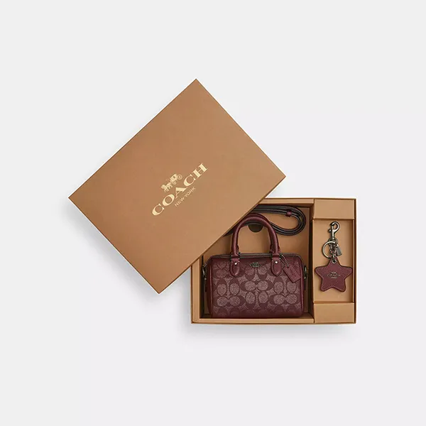 Túi Xách Nữ Coach Boxed Mini Rowan Crossbody Bag And Mirror Bag In Signature Canvas CX186 (Kèm Charm) Màu Đỏ Mận Tía