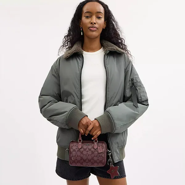 Túi Xách Nữ Coach Boxed Mini Rowan Crossbody Bag And Mirror Bag In Signature Canvas CX186 (Kèm Charm) Màu Đỏ Mận Tía