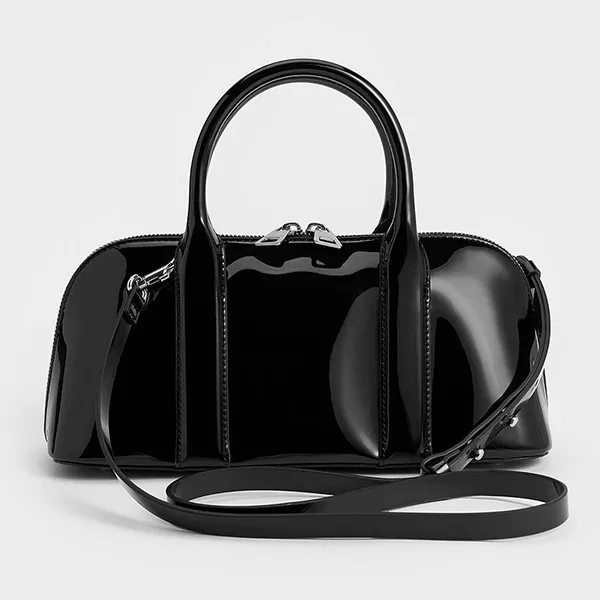 Túi Xách Tay Nữ Charles & Keith CNK Axel Patent Bowling Bag CK2-30271439 Black Màu Đen Bóng