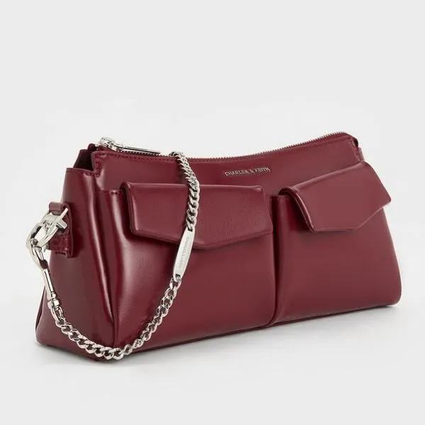 Túi Xách Tay Nữ Charles & Keith Rachel Pocket Chain Handle Bag CK2-20160191 Burgun Màu Đỏ