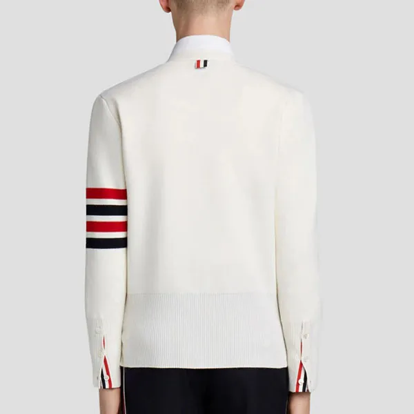 Áo Cardigan Nam Thom Browne Wool 4-Bar V-Neck Cardigan MKC160A 00014 Màu Trắng - Thời trang - Vua Hàng Hiệu