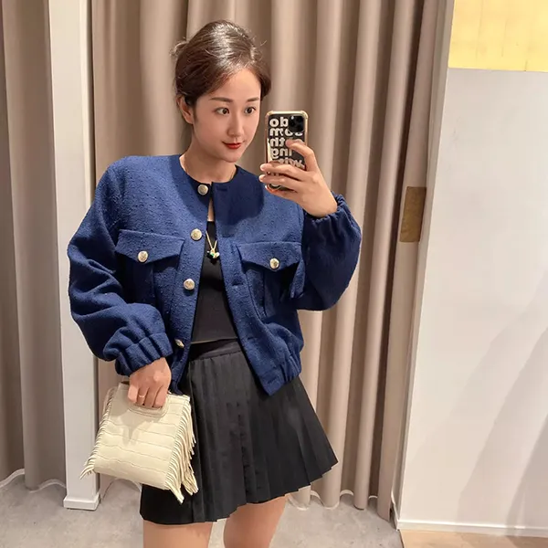Áo Khoác Len Nữ Maje MFPBL00644 Màu Xanh Navy Size 38