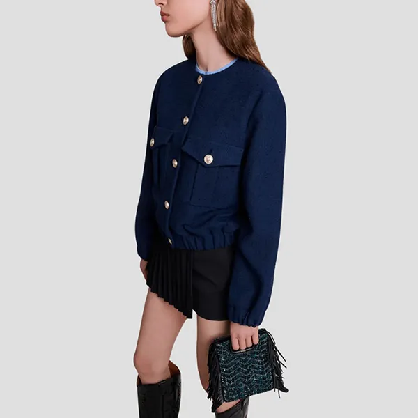 Áo Khoác Len Nữ Maje MFPBL00644 Màu Xanh Navy Size 38