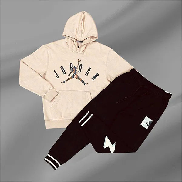 Bộ Quần Áo Nỉ Nam Nike Jordan Flight MVP Fleece Pullover Hoodie Beige Màu Be Đen Size S