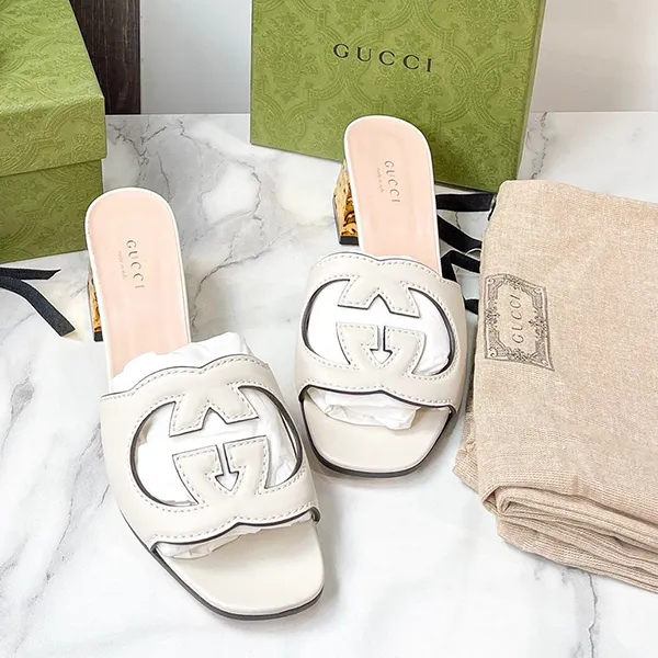 Dép Cao Gót Nữ Gucci Interlocking G Cut-Out Sandals 694450-US000-9022 Màu Trắng Vàng Size 35