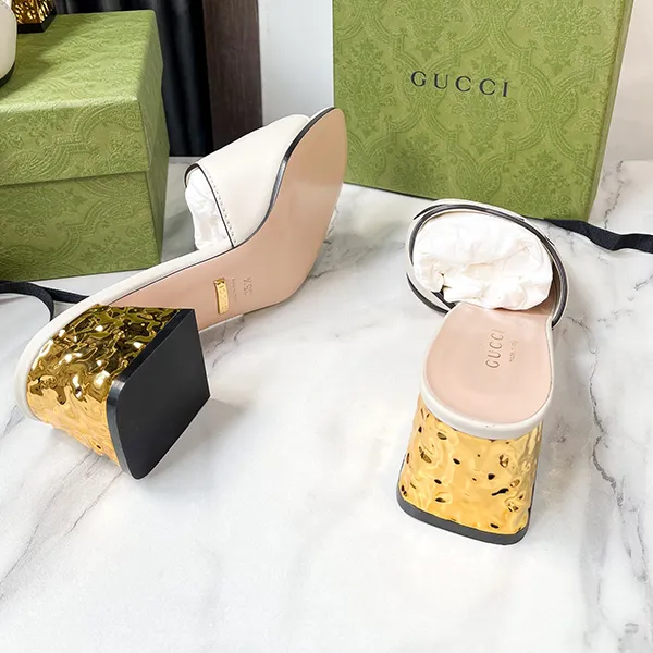 Dép Cao Gót Nữ Gucci Interlocking G Cut-Out Sandals 694450-US000-9022 Màu Trắng Vàng Size 35