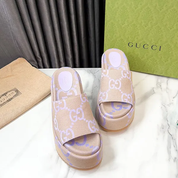 Dép Đế Xuồng Nữ Gucci GG Jumbo Canvas Slides GUC1624367 Màu Be Tím Size 36