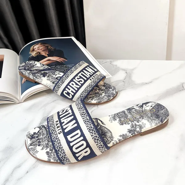 Dép Nữ Dior Dway Slide Blue Toile KCQ209TJE-S68B Màu Xanh Họa Tiết Size 35 - Dép - Vua Hàng Hiệu