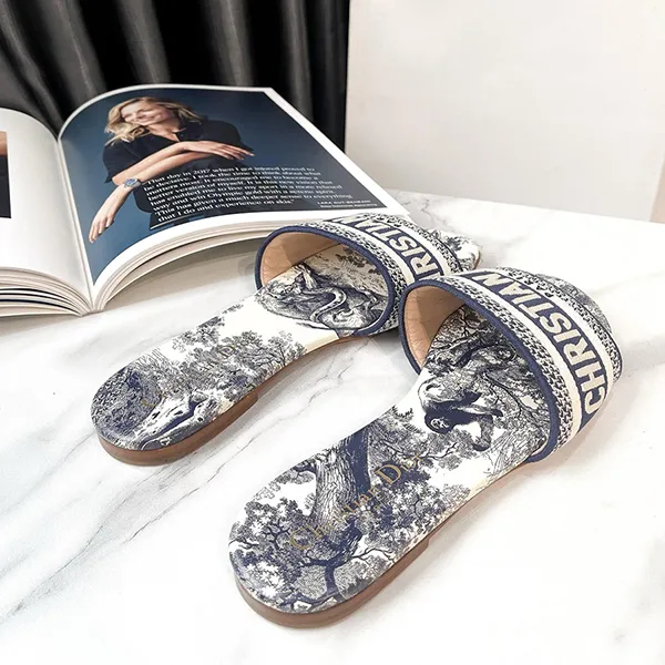Dép Nữ Dior Dway Slide Blue Toile KCQ209TJE-S68B Màu Xanh Họa Tiết Size 35 - Dép - Vua Hàng Hiệu