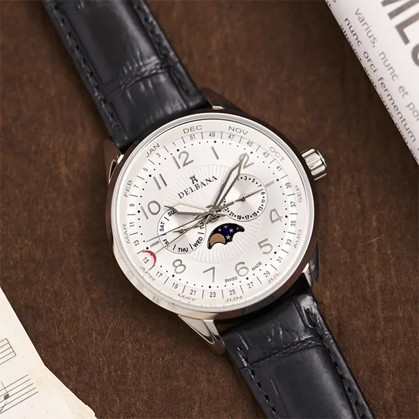 Đồng Hồ Nam Delbana Retro Moonphase 42mm Watch 41601.646.6.064 Màu Đen Phối Bạc