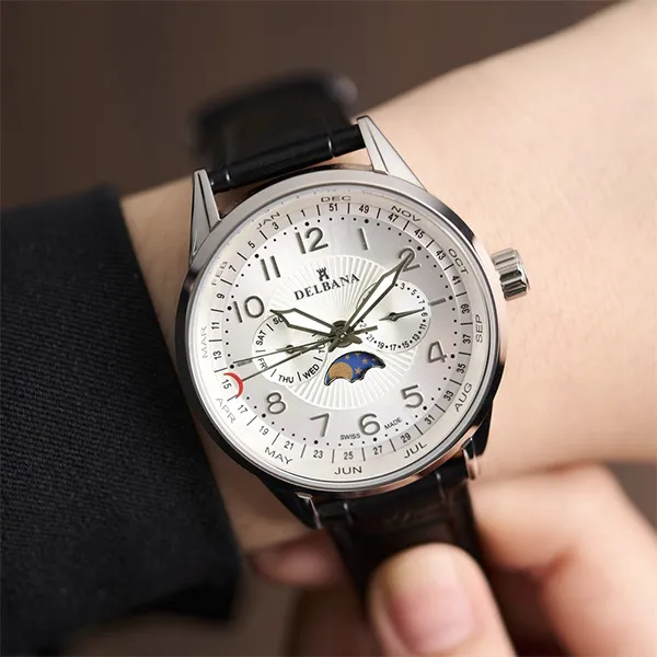 Đồng Hồ Nam Delbana Retro Moonphase 42mm Watch 41601.646.6.064 Màu Đen Phối Bạc