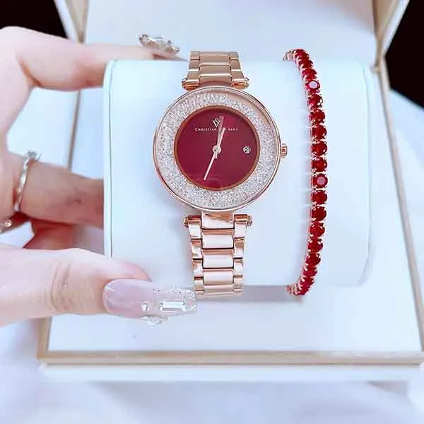 Đồng Hồ Nữ Christian Van Sant Dazzle Quartz Stainless Steel Strap CV1215 Màu Vàng Hồng