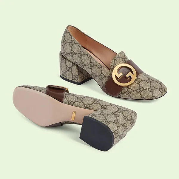 Giày Cao Gót Nữ Gucci Monogram Buckle Detail Heels Màu Be Size 38