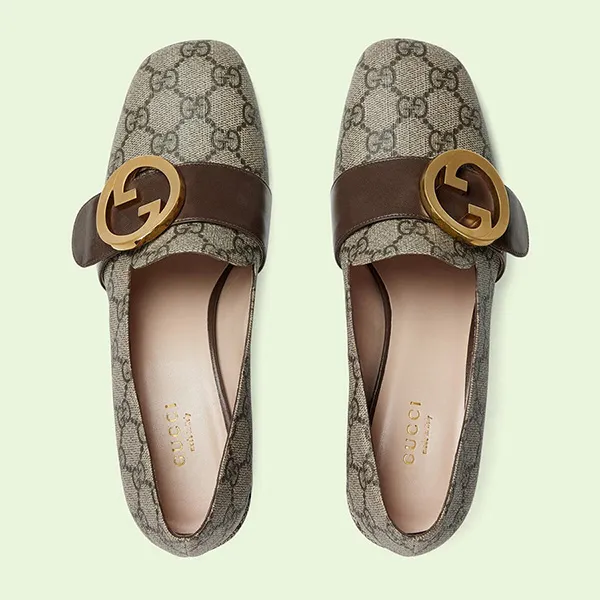 Giày Cao Gót Nữ Gucci Monogram Buckle Detail Heels Màu Be Size 38
