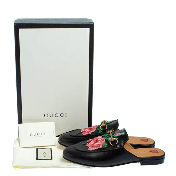Dép Sục Nữ Gucci Mules Black Floral Embroidered Leather Princetown Horsebit Màu Đen Size 37