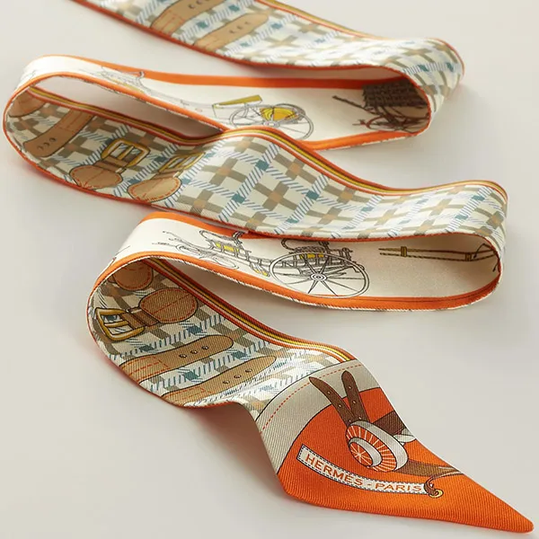 Khăn Lụa Nữ Hermès Twilly Les Voitures Nouvelles Orange / Beige / Gris Bleuté Màu Be/Cam