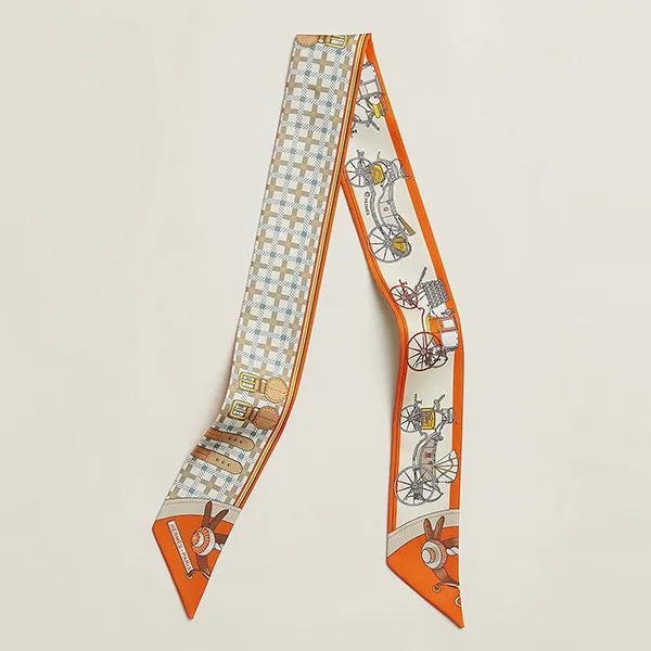 Khăn Lụa Nữ Hermès Twilly Les Voitures Nouvelles Orange / Beige / Gris Bleuté Màu Be/Cam