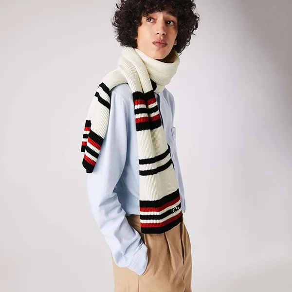 Khăn Quàng Cổ Unisex Lacoste Made in France Striped Ribbed Rectangular Wool Scarf RE2216-FTC Màu Trắng Kẻ