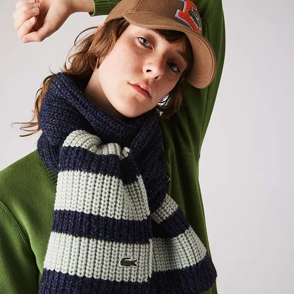 Khăn Quàng Cổ Unisex Lacoste Striped Ribbed Wool Blend Rectangular Scarf RE2796 - 9NU Màu Xanh Kẻ