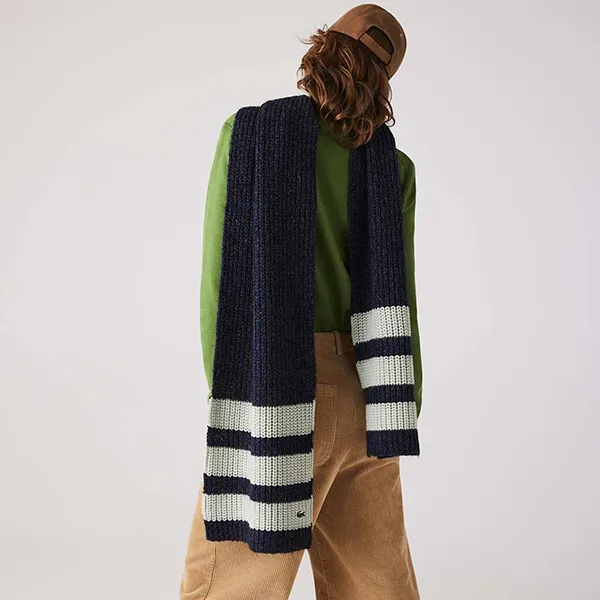 Khăn Quàng Cổ Unisex Lacoste Striped Ribbed Wool Blend Rectangular Scarf RE2796 - 9NU Màu Xanh Kẻ