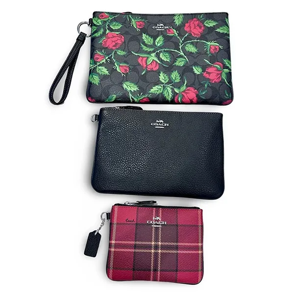 Set Túi Cầm Tay Nữ Coach Pouch Trio In Signature Canvas With Vintage Rose Print And Tartan Plaid Print CC911 Màu Đen/Đỏ