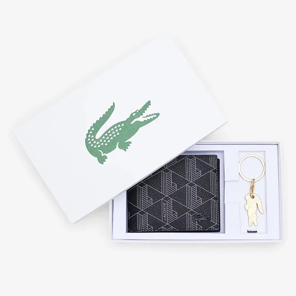 Set Ví Nam + Móc Khoá Lacoste Monogram Noir Gris NH4801LX H45 Màu Đen