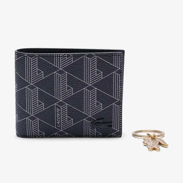 Set Ví Nam + Móc Khoá Lacoste Monogram Noir Gris NH4801LX H45 Màu Đen