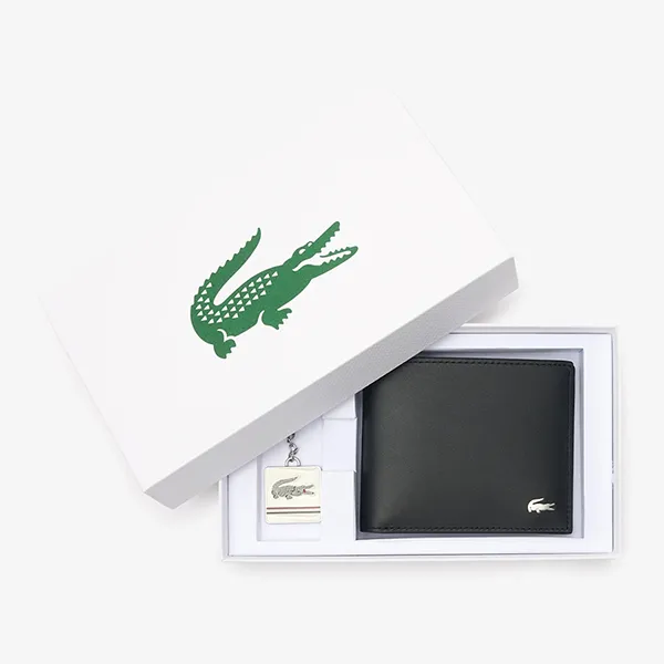 Set Ví Nam + Móc Khoá Lacoste Noir KR Farine NH4479FG N20 Màu Đen