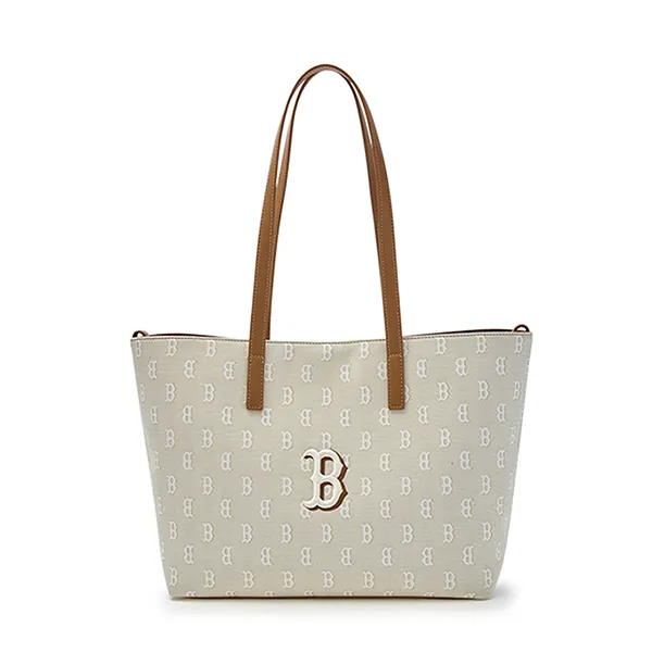 Túi Tote Nữ MLB Classic Monogram Jacquard Shopper Bag Boston Red Sox 3AORM015N-43BGL Light Beige Màu Be
