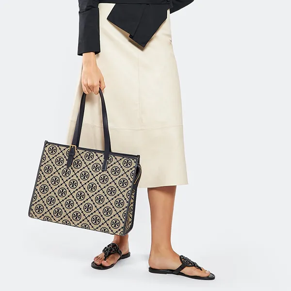 Túi Tote Nữ Tory Burch Monogram Tote Bag Logo Navy 143533 Màu Be Phối Xanh Navy - Túi xách - Vua Hàng Hiệu
