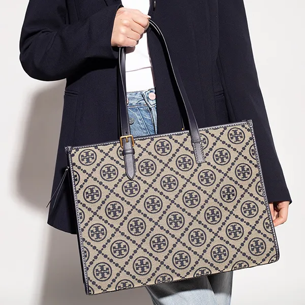 Túi Tote Nữ Tory Burch Monogram Tote Bag Logo Navy 143533 Màu Be Phối Xanh Navy - Túi xách - Vua Hàng Hiệu
