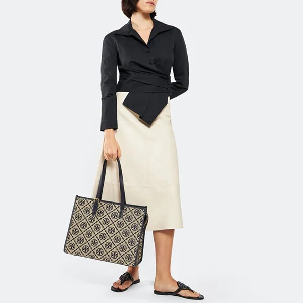 Túi Tote Tory Burch T Monogram Bag Màu Đen Be - Túi xách - Vua Hàng Hiệu