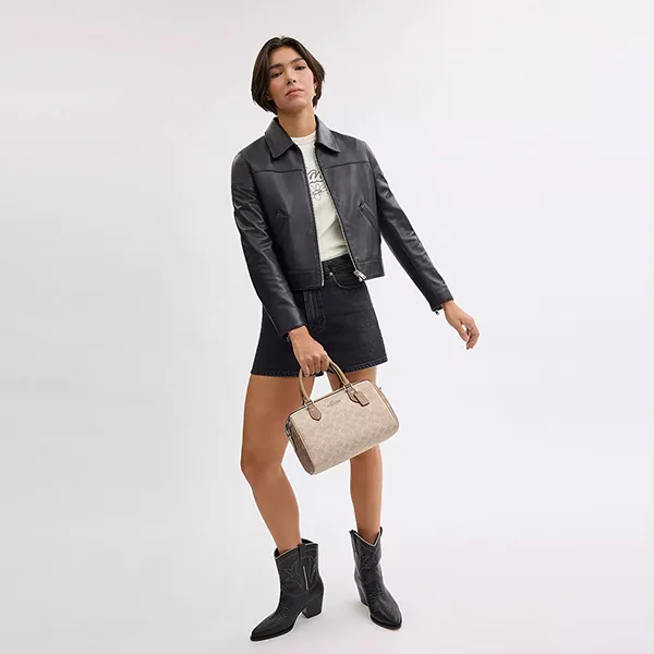 Túi Xách Nữ Coach Rowan Satchel Bag In Blocked Signature Canvas Silver/Sand/Taupe Multi CW377 Màu Be Nâu