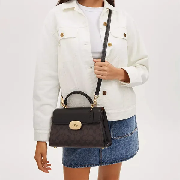 Túi Đeo Chéo Nữ Coach ELiza Satchel Signature Top Handle Bag CP007 Màu Đen Phối Nâu - Túi xách - Vua Hàng Hiệu