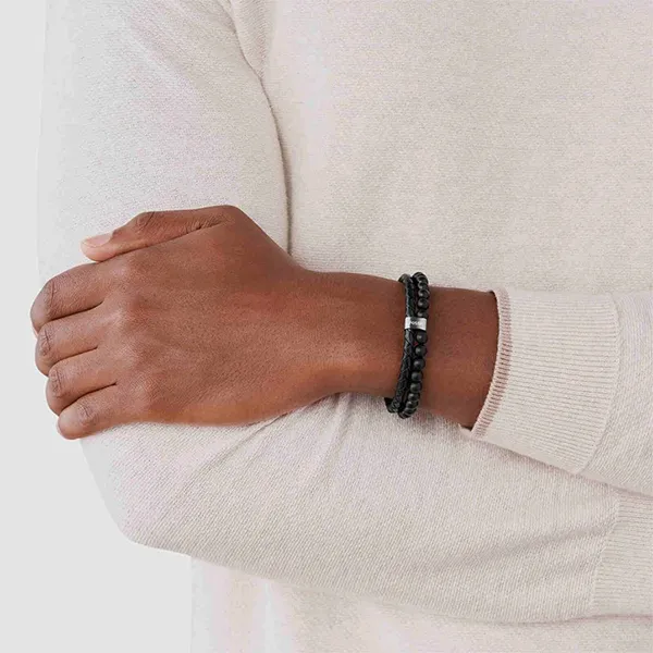 Vòng Đeo Tay Nam Fossil Black Leather Bracelet JF02763040 Màu Đen
