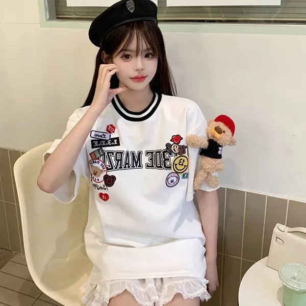 Áo Phông Nữ 13 De Marzo Badge Knit Neck Tshirt White Màu Trắng Size S