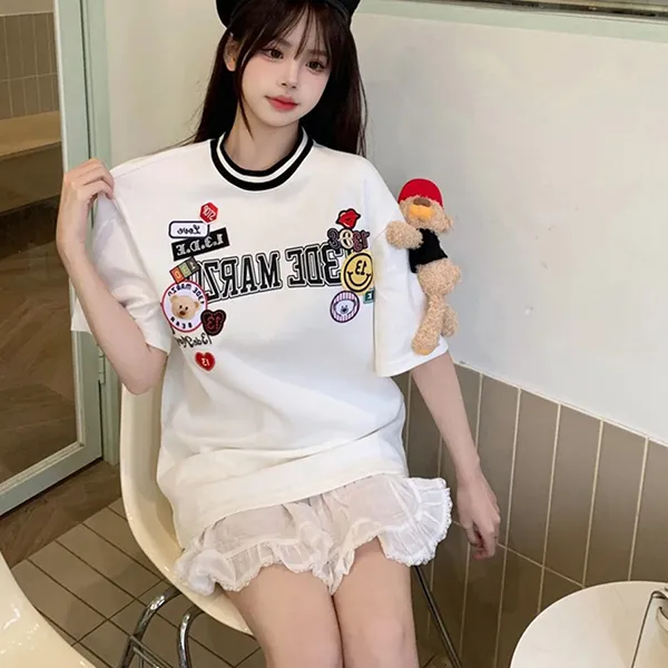 Áo Phông Nữ 13 De Marzo Badge Knit Neck Tshirt White Màu Trắng Size S
