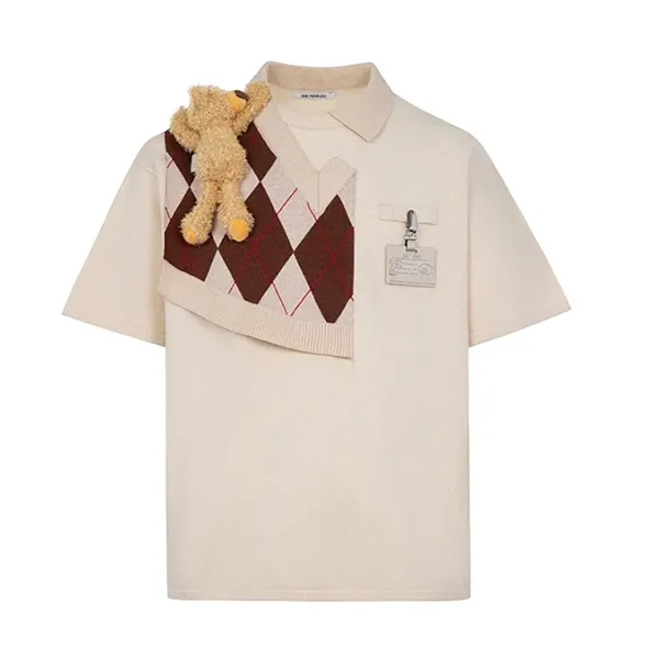 Áo Phông Nữ 13 De Marzo Bear Knit Patch TShirt Beige Màu Be Size S
