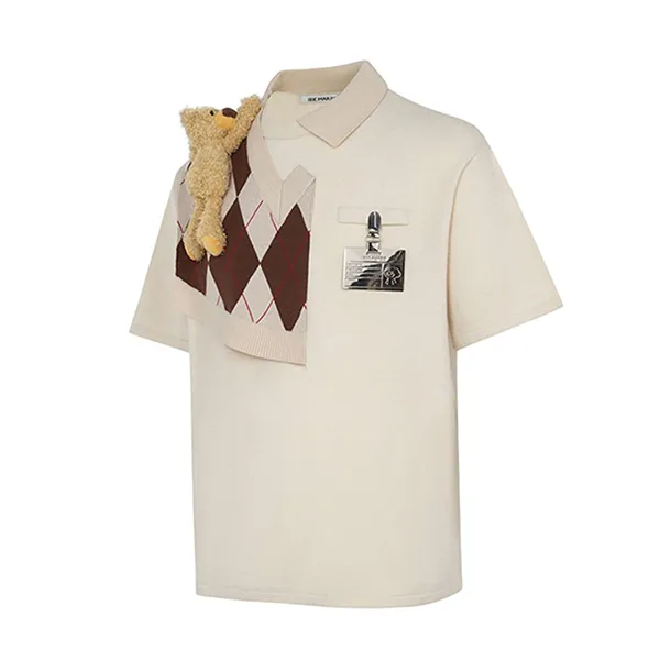 Áo Phông Nữ 13 De Marzo Bear Knit Patch TShirt Beige Màu Be Size S