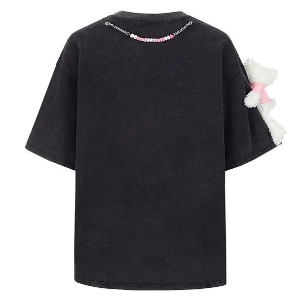 Áo Phông Nữ 13 De Marzo Hello Kitty Cake Letter Washed Tshirt Màu Đen Size S