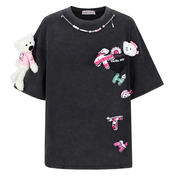 Áo Phông Nữ 13 De Marzo Hello Kitty Cake Letter Washed Tshirt Màu Đen Size S