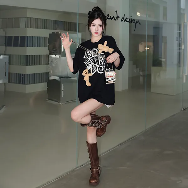 Áo Phông Nữ 13 De Marzo Maze Suture Logo T-Shirt Black Màu Đen Size S