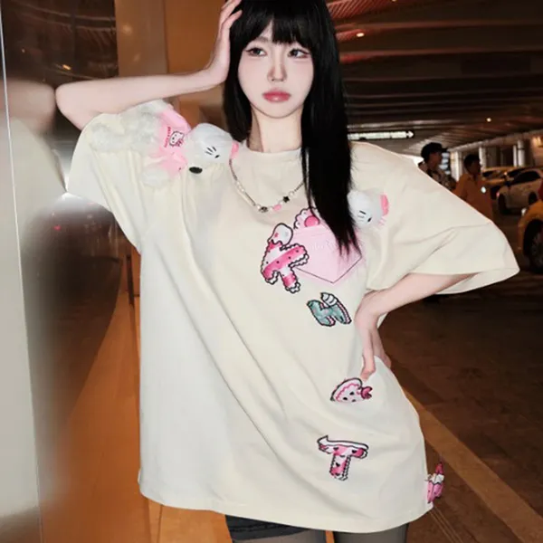 Áo Phông Nữ 13 De Marzo X Sanrio Characters Hello Kitty Cake Letter Washed TShirt Beige Màu Be Size S - Thời trang - Vua Hàng Hiệu