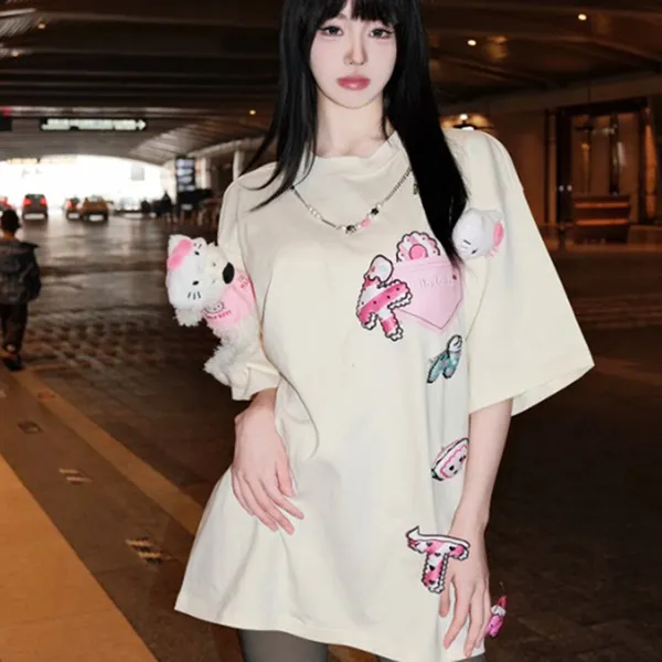 Áo Phông Nữ 13 De Marzo X Sanrio Characters Hello Kitty Cake Letter Washed TShirt Beige Màu Be Size S - Thời trang - Vua Hàng Hiệu