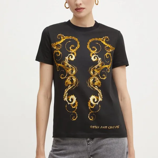 Áo Phông Nữ Versace Jeans Couture TShirt Bawełniany 77HAH6P3 JS424 G89 Màu Đen Họa Tiết Size M