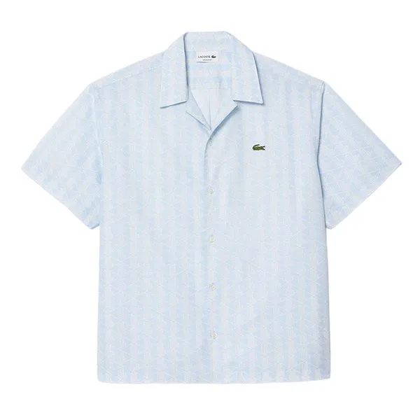Áo Sơ Mi Cộc Tay Nam Lacoste Men's Short Sleeved Monogram Print Shirt CH8792 WB5 Màu Xanh Blue Size 39